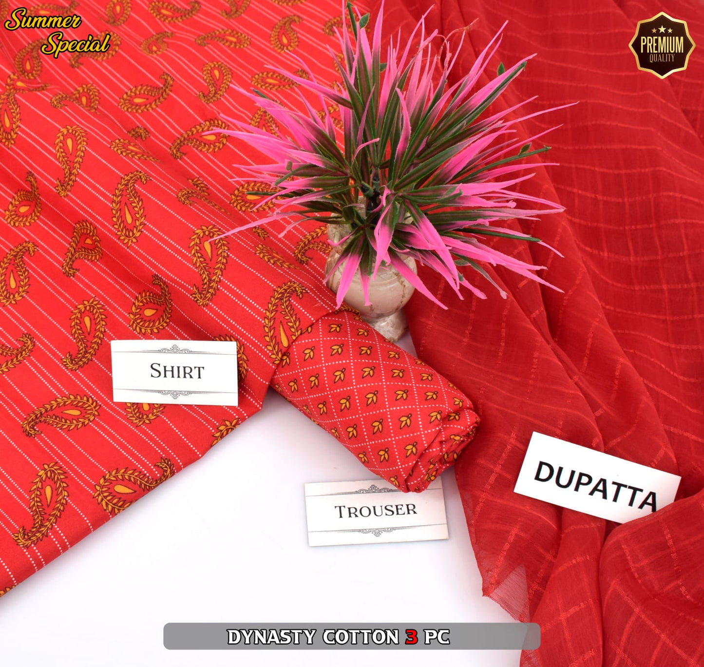 Premium Summer Cotton 3-Piece With Zari Pure Shifoon Dupatta And Digital Printed Trouser