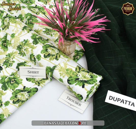 Premium Summer Cotton 3-Piece With Zari Pure Shifoon Dupatta And Digital Printed Trouser