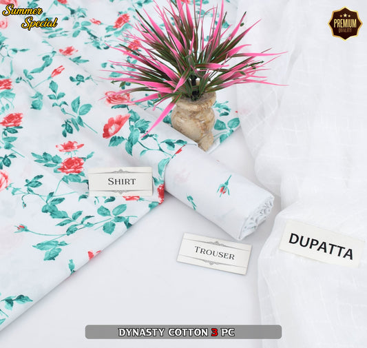 Premium Summer Cotton 3-Piece With Zari Pure Shifoon Dupatta And Digital Printed Trouser