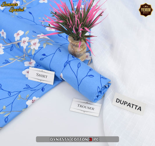 Premium Summer Cotton 3-Piece With Zari Pure Shifoon Dupatta And Digital Printed Trouser