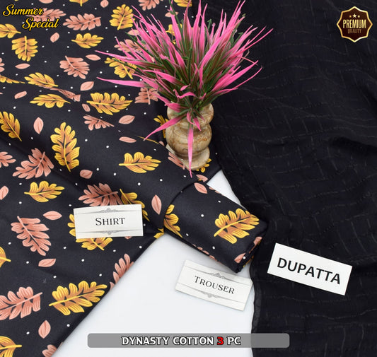 Premium Summer Cotton 3-Piece With Zari Pure Shifoon Dupatta And Digital Printed Trouser