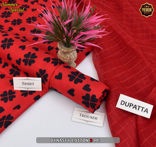 Premium Summer Cotton 3-Piece With Zari Pure Shifoon Dupatta And Digital Printed Trouser