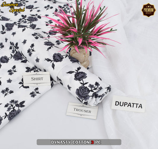 Premium Summer Cotton 3-Piece With Zari Pure Shifoon Dupatta And Digital Printed Trouser