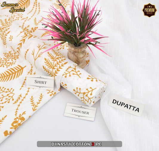 Premium Summer Cotton 3-Piece With Zari Pure Shifoon Dupatta And Digital Printed Trouser