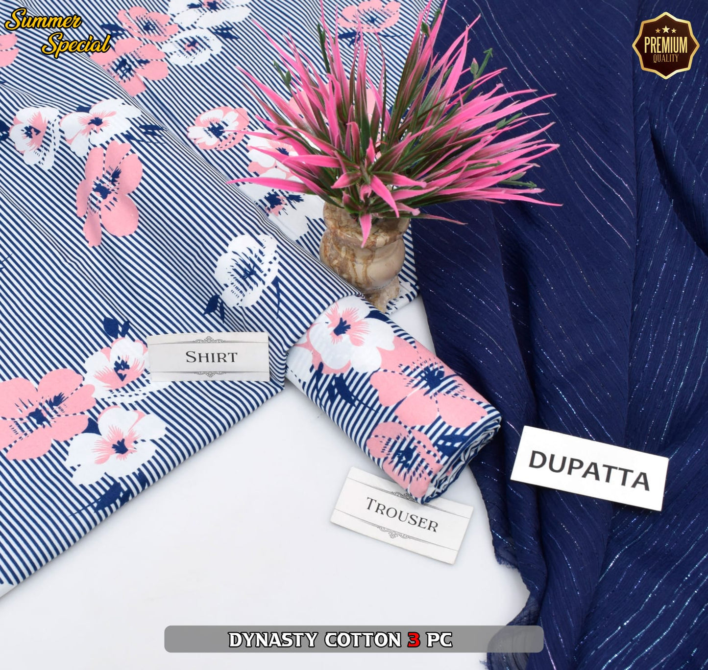Premium Summer Cotton 3-Piece With Zari Pure Shifoon Dupatta And Digital Printed Trouser