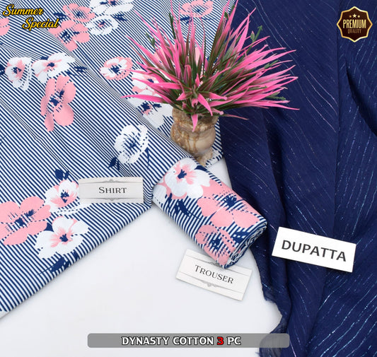 Premium Summer Cotton 3-Piece With Zari Pure Shifoon Dupatta And Digital Printed Trouser