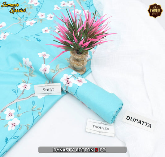 Premium Summer Cotton 3-Piece With Zari Pure Shifoon Dupatta And Digital Printed Trouser