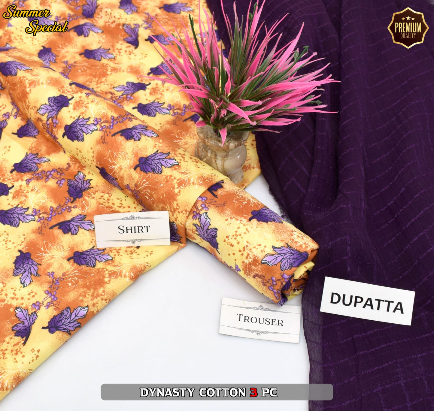 Premium Summer Cotton 3-Piece With Zari Pure Shifoon Dupatta And Digital Printed Trouser