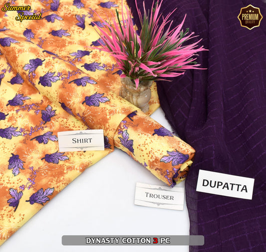 Premium Summer Cotton 3-Piece With Zari Pure Shifoon Dupatta And Digital Printed Trouser