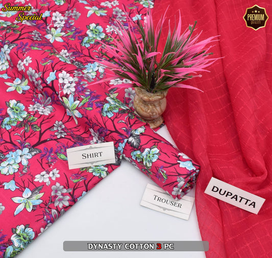 Premium Summer Cotton 3-Piece With Zari Pure Shifoon Dupatta And Digital Printed Trouser