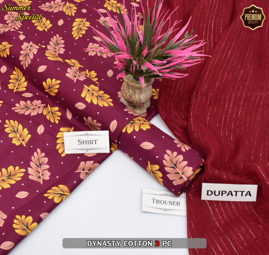 Premium Summer Cotton 3-Piece With Zari Pure Shifoon Dupatta And Digital Printed Trouser