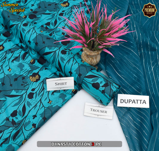 Premium Summer Cotton 3-Piece With Zari Pure Shifoon Dupatta And Digital Printed Trouser