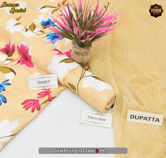Premium Summer Cotton 3-Piece With Zari Pure Shifoon Dupatta And Digital Printed Trouser