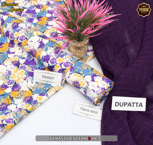Premium Summer Cotton 3-Piece With Zari Pure Shifoon Dupatta And Digital Printed Trouser