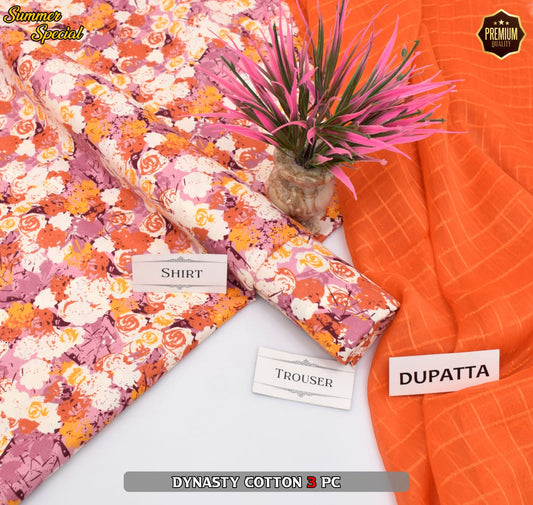 Premium Summer Cotton 3-Piece With Zari Pure Shifoon Dupatta And Digital Printed Trouser