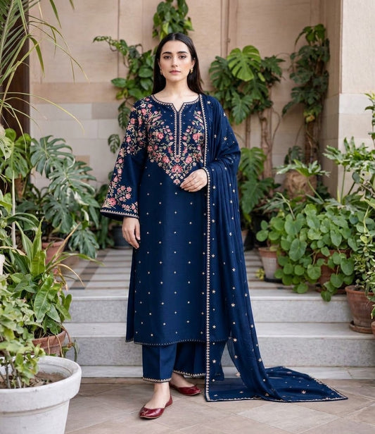 BATIK Premium 3-Piece Embroidered Winter Dhanak Suit (Code: RC-82) Blue