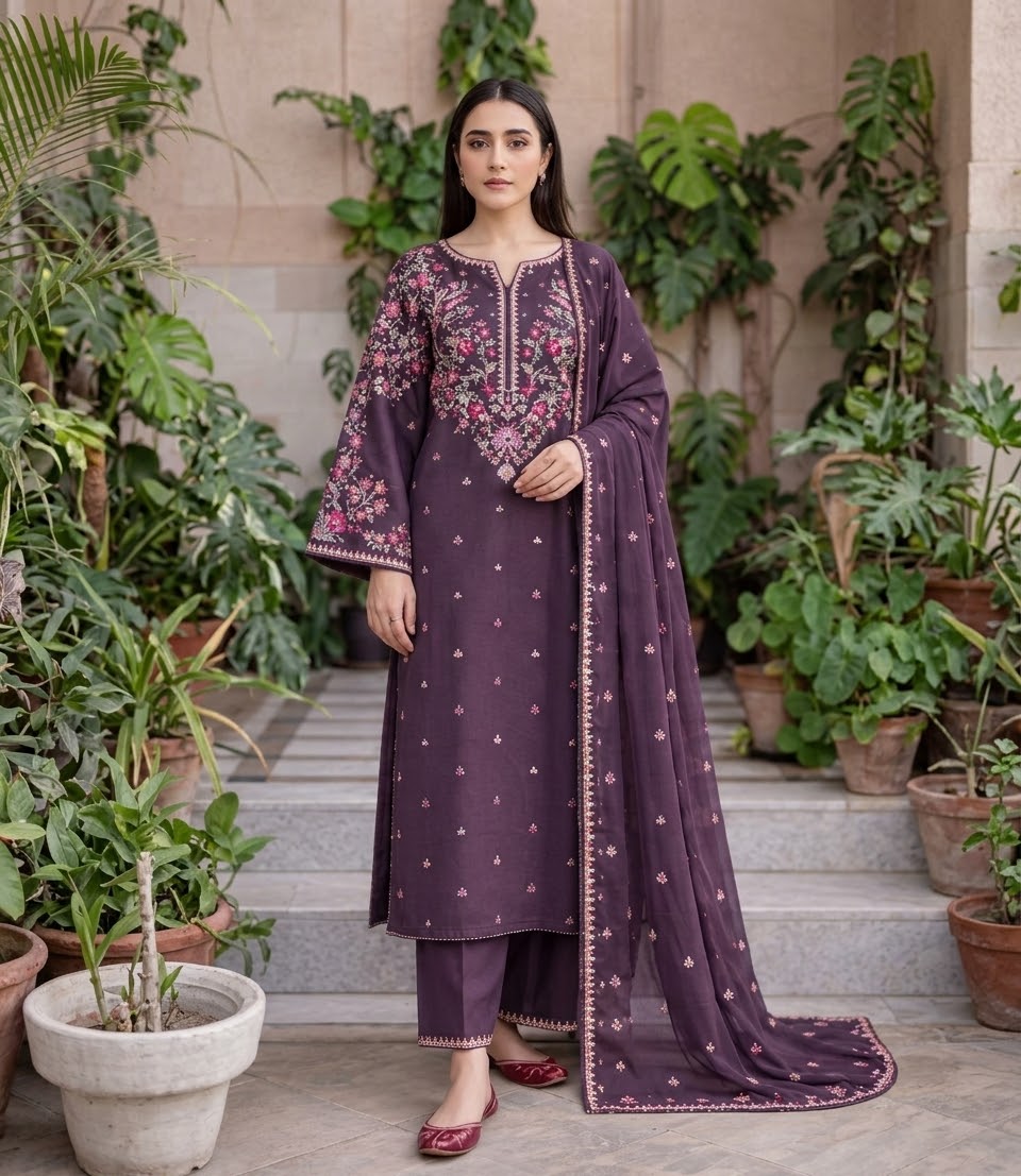 BATIK Premium 3-Piece Embroidered Winter Dhanak Suit (Code: RC-82) Lavender
