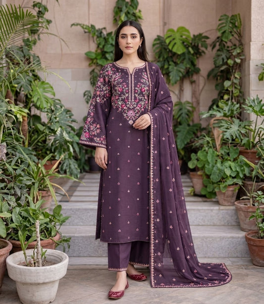 BATIK Premium 3-Piece Embroidered Winter Dhanak Suit (Code: RC-82) Lavender