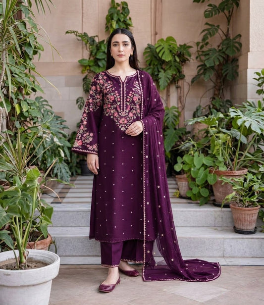 BATIK Premium 3-Piece Embroidered Winter Dhanak Suit (Code: RC-82) Purple