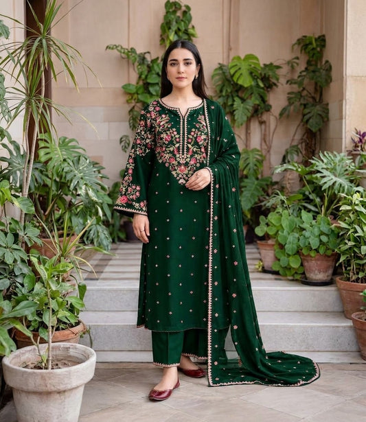 BATIK Premium 3-Piece Embroidered Winter Dhanak Suit (Code: RC-82) Bottle Green