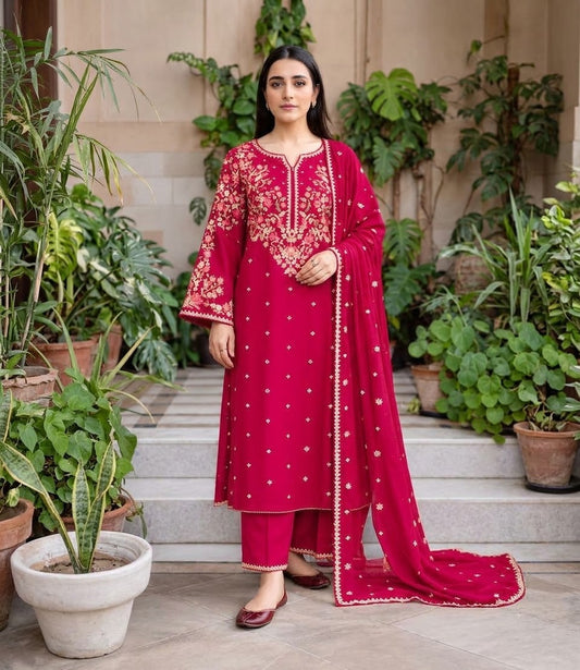 BATIK Premium 3-Piece Embroidered Winter Dhanak Suit (Code: RC-82) Pink