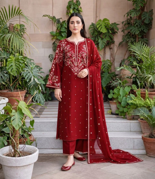 BATIK Premium 3-Piece Embroidered Winter Dhanak Suit (Code: RC-82) Red