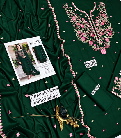 BATIK Premium 3-Piece Embroidered Winter Dhanak Suit (Code: RC-82) Bottle Green