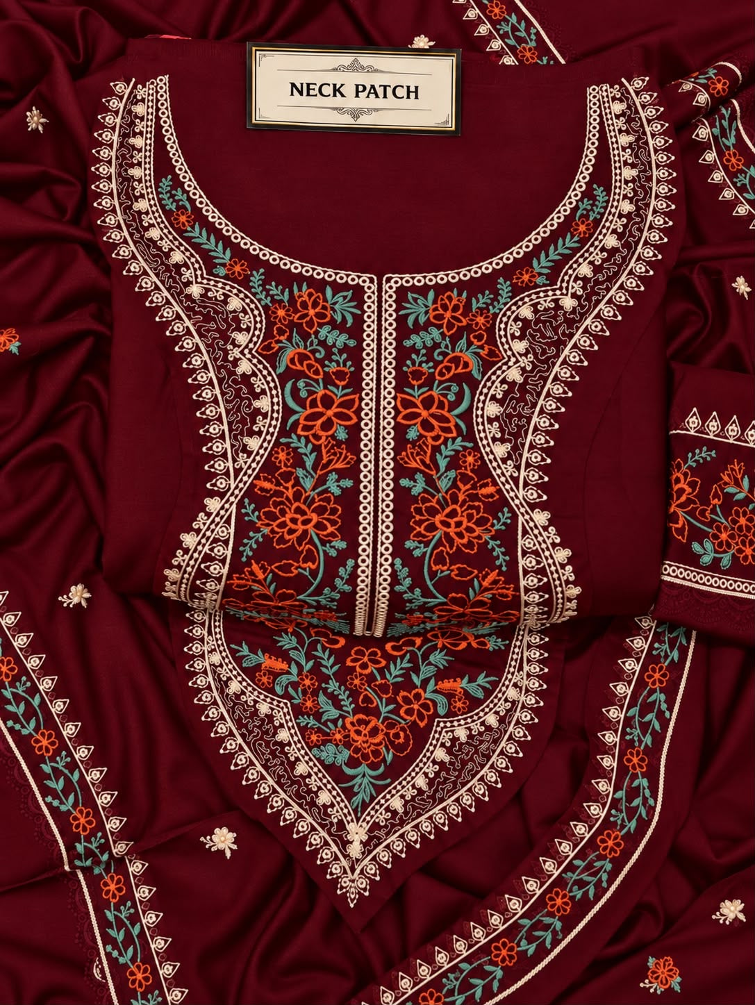 LAAM Winter Dhanak Collection Premium 3-Piece Embroidered Suit with Printed Karandi Trouser Embroidered Dhanak Shawl RC-Deep Meroon