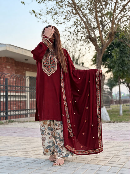 LAAM Winter Dhanak Collection Premium 3-Piece Embroidered Suit with Printed Karandi Trouser Embroidered Dhanak Shawl RC-Deep Meroon