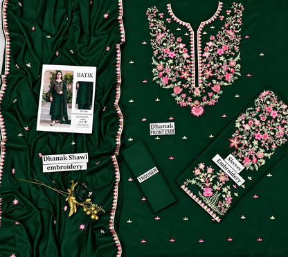 BATIK Premium 3-Piece Embroidered Winter Dhanak Suit (Code: RC-82) Bottle Green