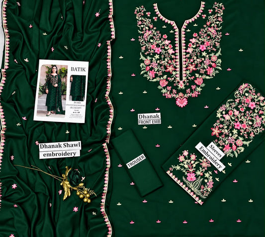 BATIK Premium 3-Piece Embroidered Winter Dhanak Suit (Code: RC-82) Bottle Green