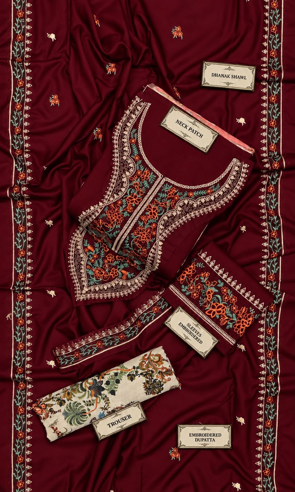 LAAM Winter Dhanak Collection Premium 3-Piece Embroidered Suit with Printed Karandi Trouser Embroidered Dhanak Shawl RC-Deep Meroon