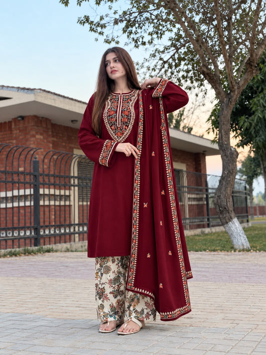 LAAM Winter Dhanak Collection Premium 3-Piece Embroidered Suit with Printed Karandi Trouser Embroidered Dhanak Shawl RC-Deep Meroon