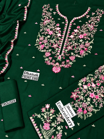 BATIK Premium 3-Piece Embroidered Winter Dhanak Suit (Code: RC-82) Bottle Green