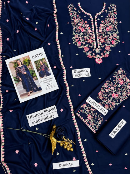BATIK Premium 3-Piece Embroidered Winter Dhanak Suit (Code: RC-82) Blue